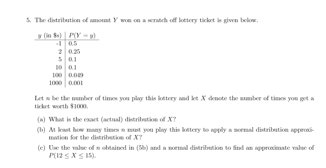 Solved 5 The Distribution Of Amount Y Won On A Scratch O Chegg Com