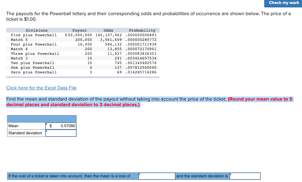Solved Check my work The payouts for the Powerball lottery | Chegg.com