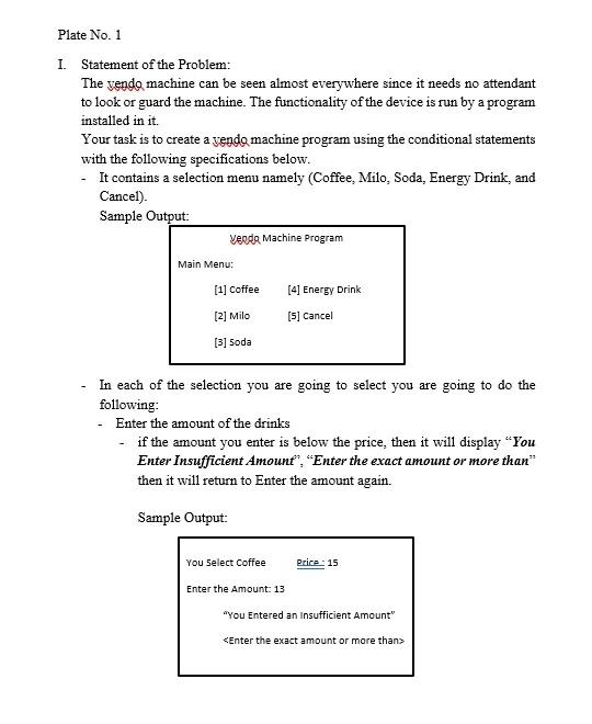 Solved Plate No. 1 I Statement of the Problem: The vendo | Chegg.com