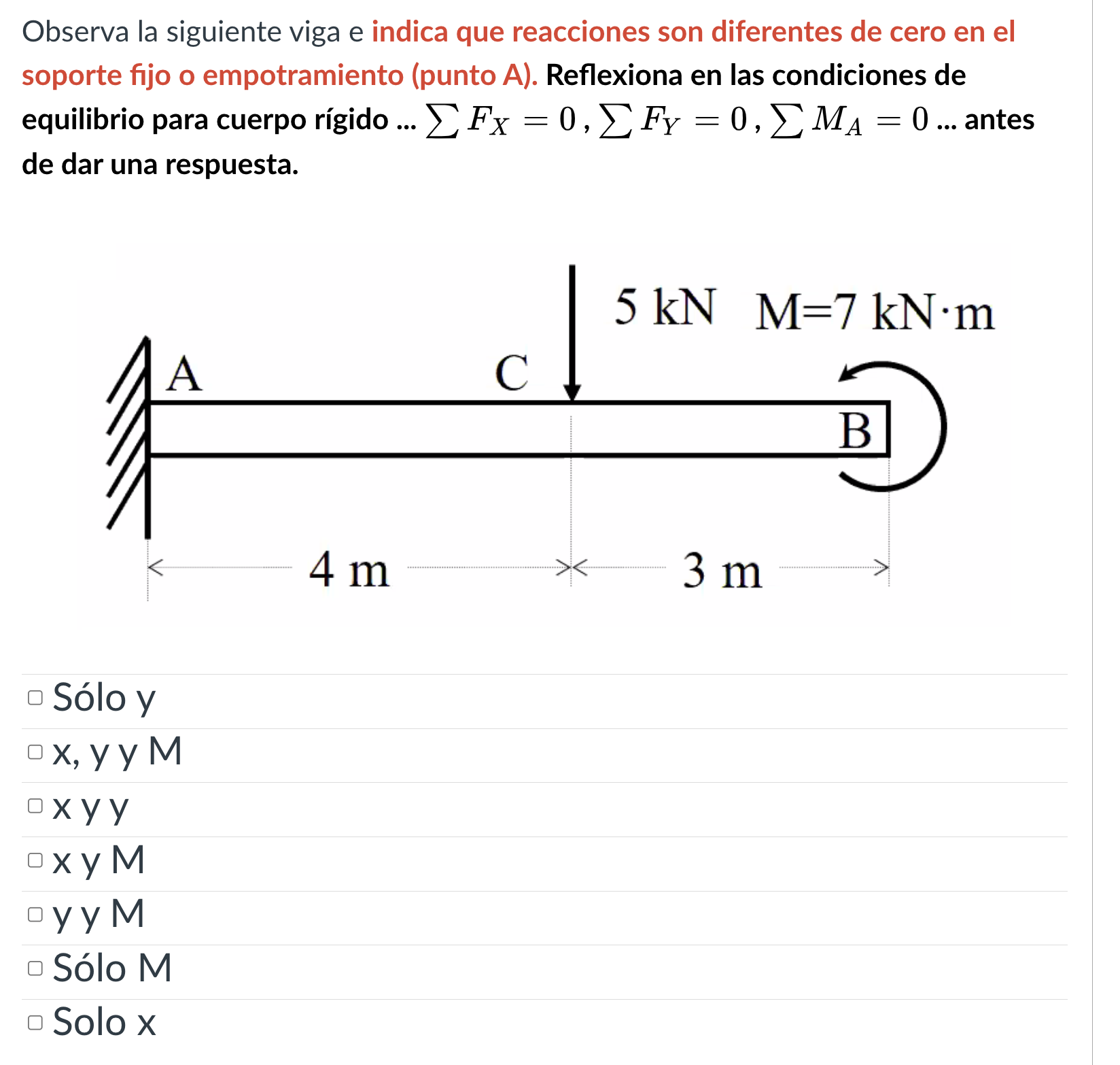 Observa la siguiente viga e indica que reacciones son diferentes de cero en el soporte fijo o empotramiento (punto A). Reflex