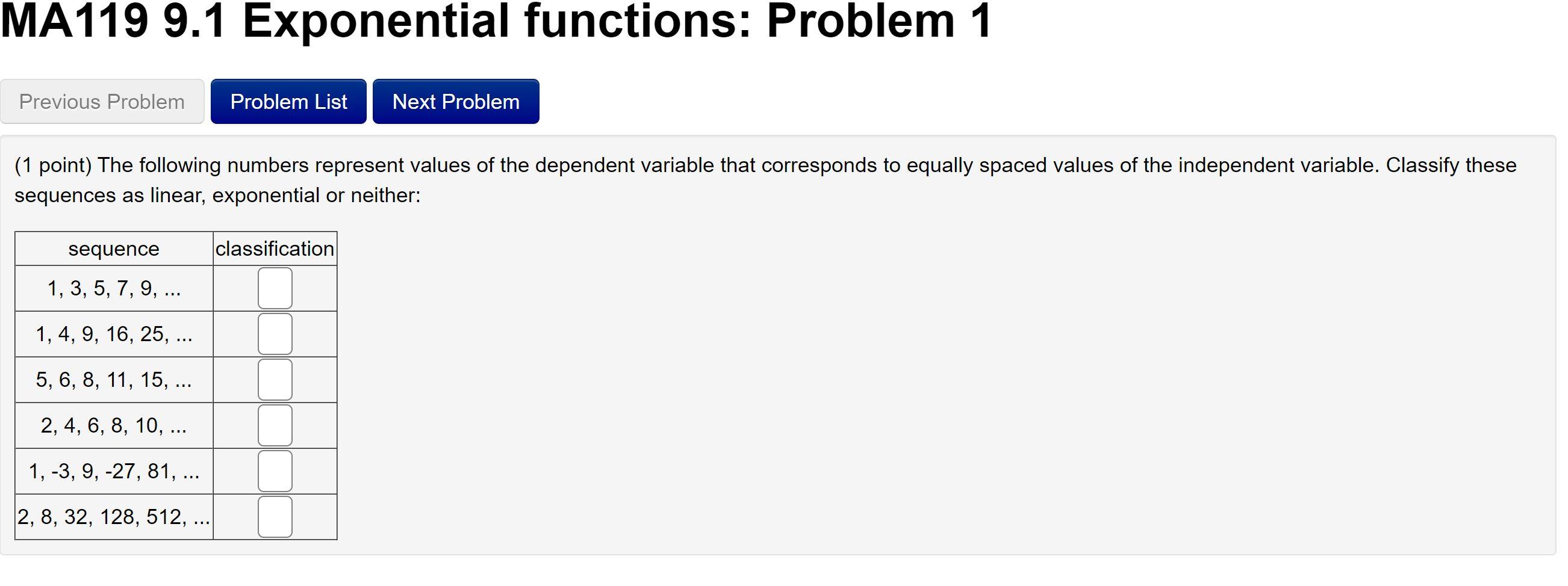 Solved MA119 9.1 Exponential functions: Problem 1 Previous | Chegg.com