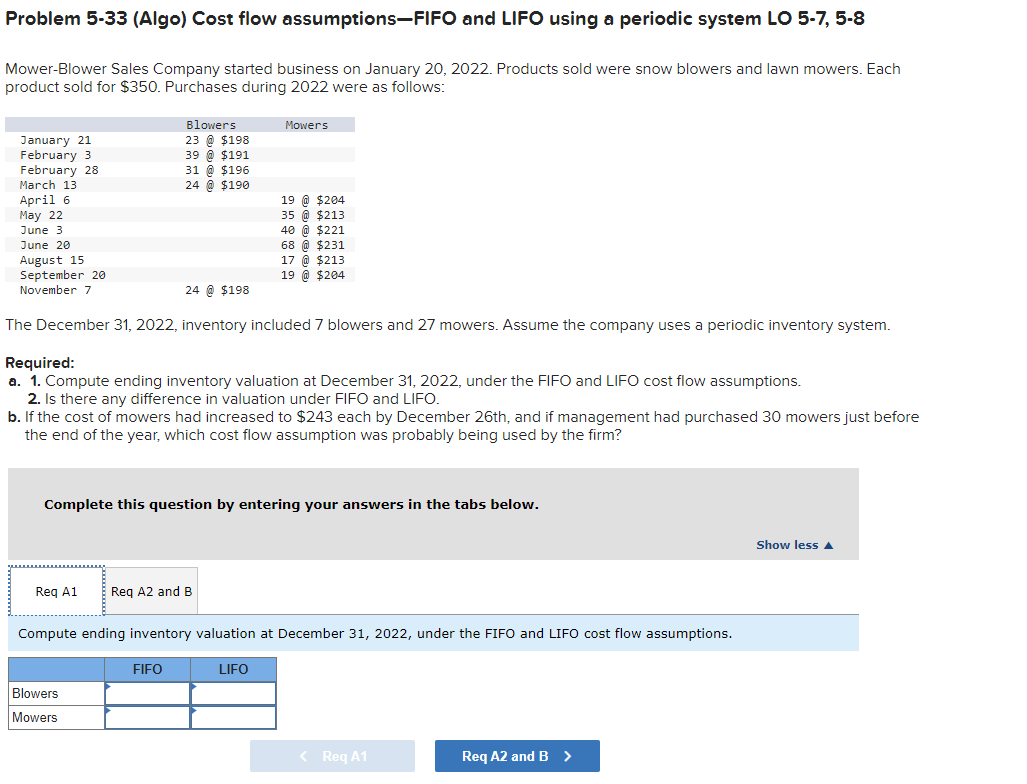 Problem 5-33 (Algo) Cost flow assumptions-FIFO and LIFO using a periodic system LO \( 5-7,5-8 \)
Mower-Blower Sales Company s