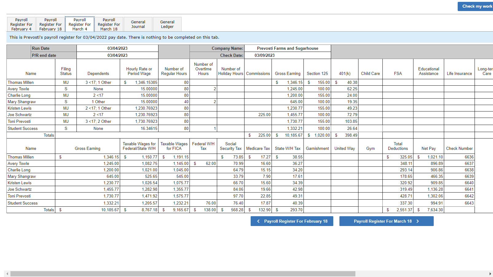 The completed Payroll Register for the February and | Chegg.com
