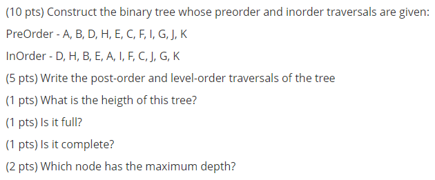 Solved (10 pts) Construct the binary tree whose preorder and | Chegg.com