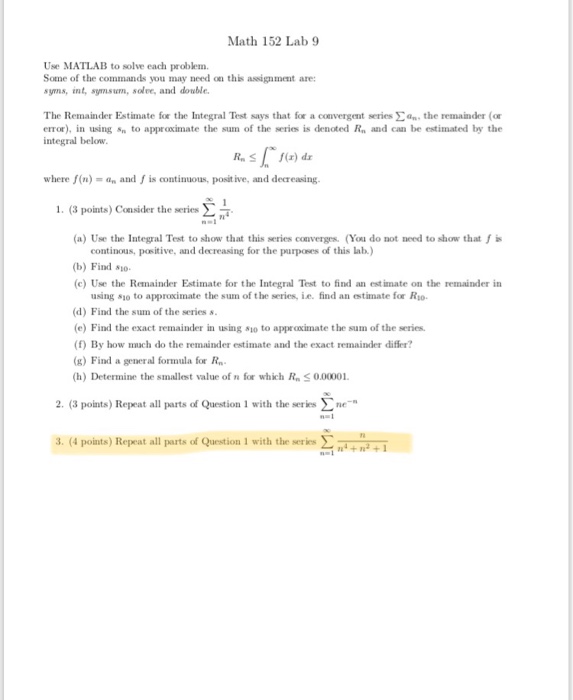 Math 152 Lab 9 Use MATL.AB To Solve Each Problem Some | Chegg.com