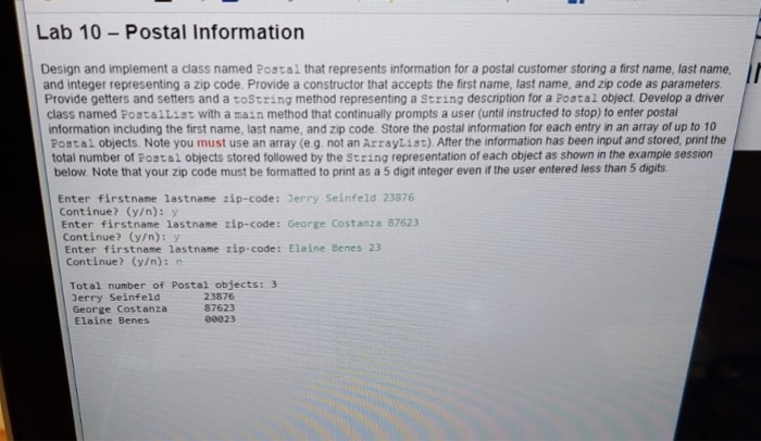 Solved Lab 10-Postal Information Design and implement a | Chegg.com