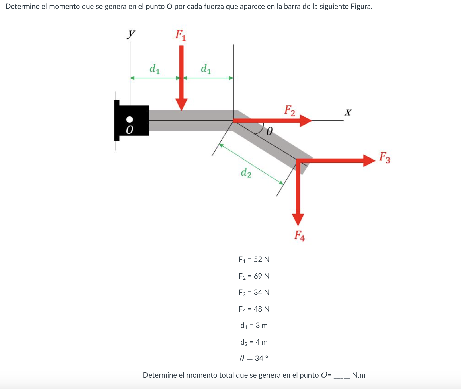 Determine el momento que se genera en el punto O por cada fuerza que aparece en la barra de la siguiente Figura. \[ \begin{ar