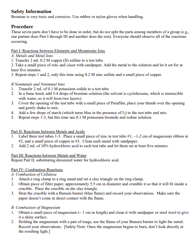 Solved Safety Information Bromine is very toxic and