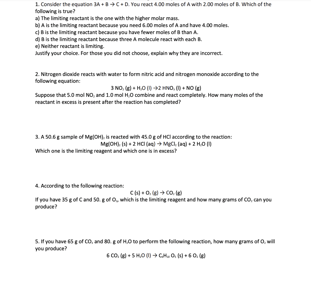 Solved 1. Consider the equation 3A + B → C+D. You react 4.00 | Chegg.com