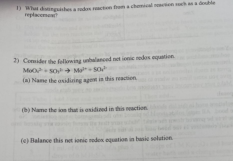 Solved 1) What distinguishes a redox reaction from a | Chegg.com