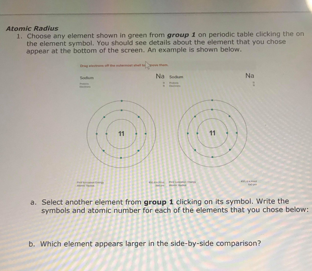 Atomic Radius 1. Choose any element shown in green | Chegg.com