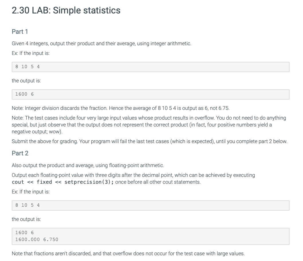 Solved: 2.30 LAB: Simple Statistics Part 1 Given 4 Integer... | Chegg.com