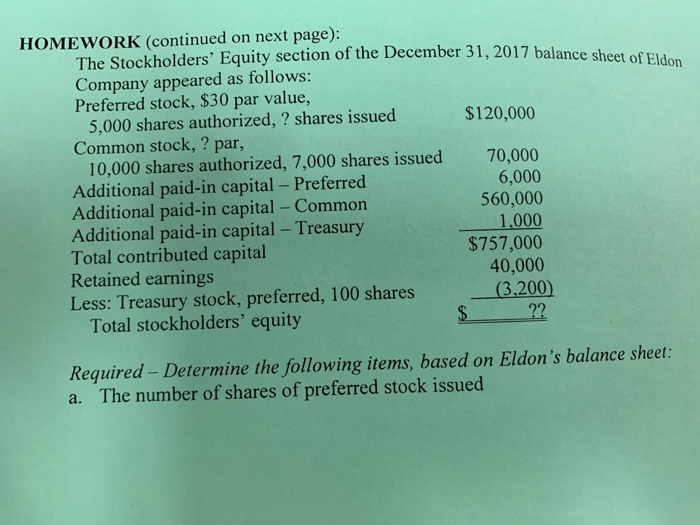 Solved HOMEWORK (continued On Next Page): The Stockholders' | Chegg.com