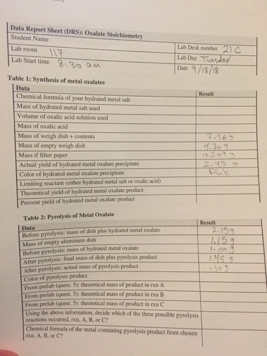 Data Report Sheet (DRS): Oxalate Stoichiometry | Chegg.com