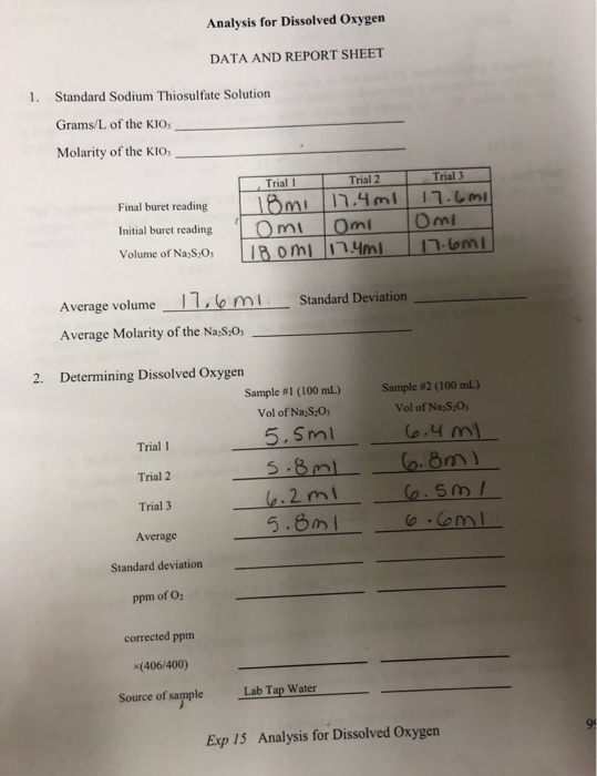 Solved Analysis For Dissolved Oxygen DATA AND REPORT SHEET | Chegg.com