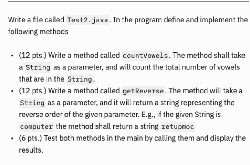 Solved Write a file called Test2.java. In the program define | Chegg.com