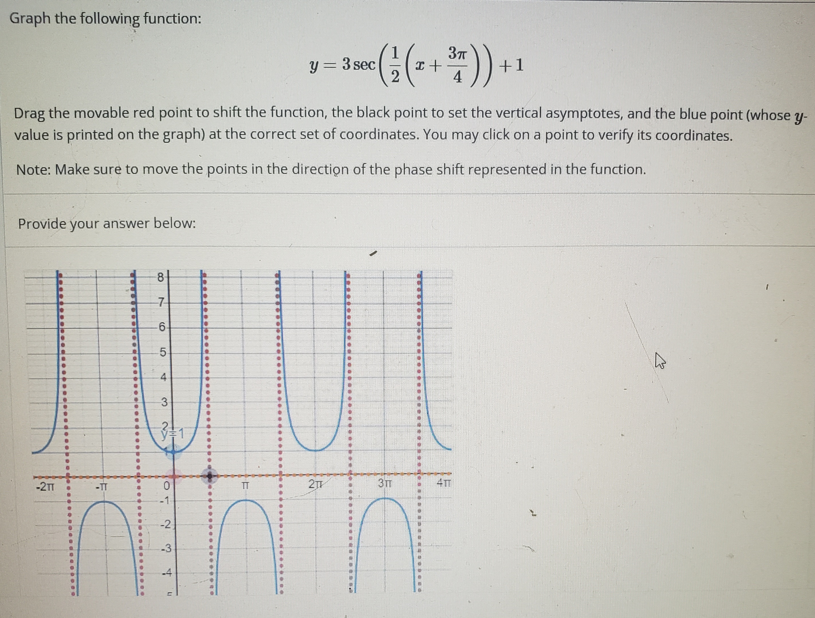 Solved Graph the following function: y=3sec(21(x+43π))+1 | Chegg.com