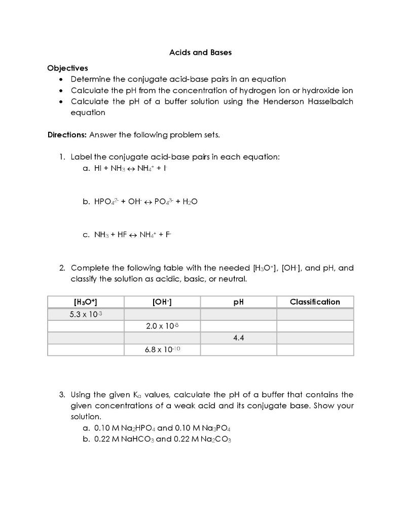 Solved Acids and Bases Objectives • Determine the conjugate | Chegg.com