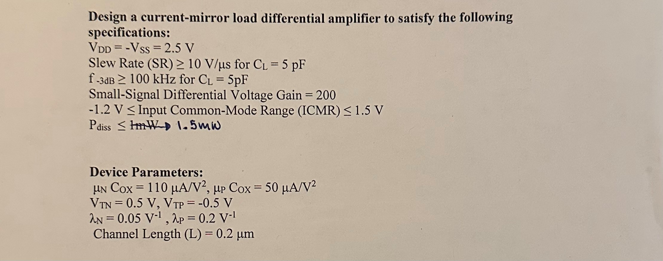 Solved Design a current-mirror load differential amplifier | Chegg.com