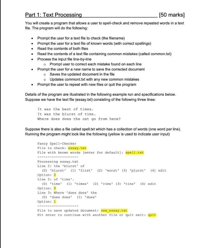 Part 1: Text Processing [50 marks) You will create a | Chegg.com