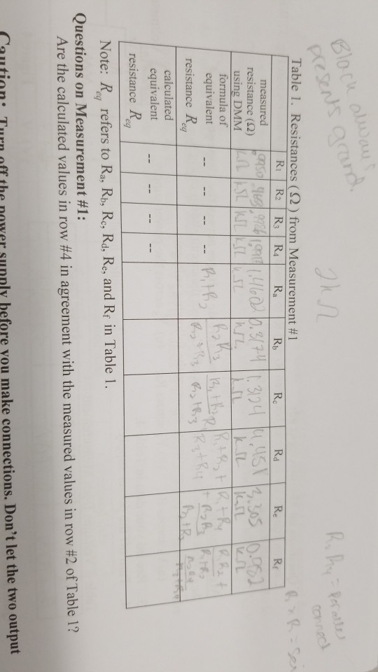 0- Table I. Resistances (Ω ) from Measurement #1 Rb | Chegg.com
