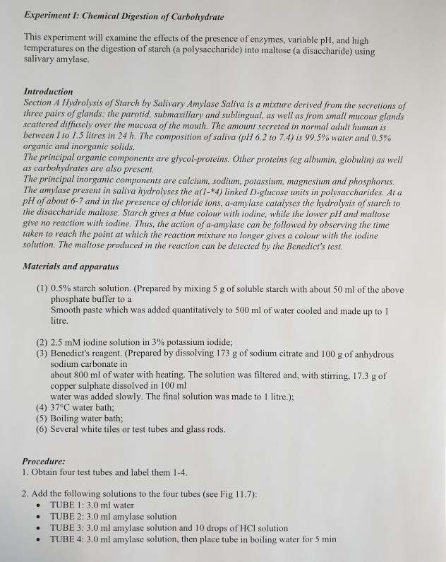 Solved Experiment I Chemical Digestion of Carbohydrate This
