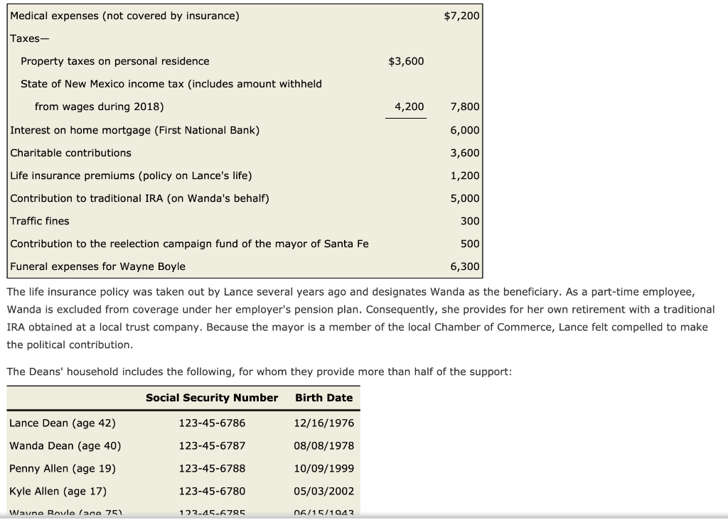 Note This problem is for the 2018 tax year. Lance H.