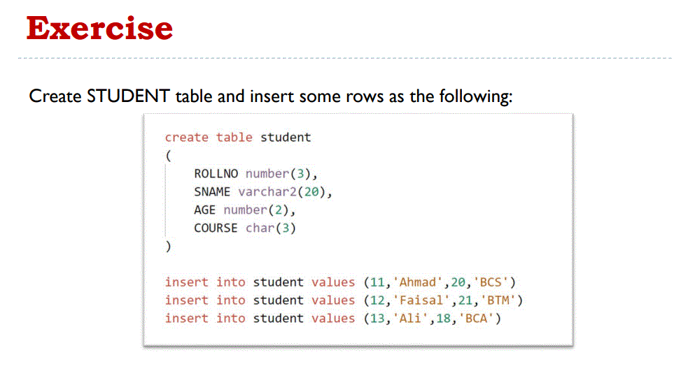 Solved Exercise Create STUDENT table and insert some rows as