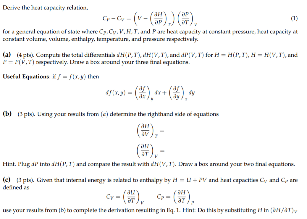 Solved Derive The Heat Capacity Relation V F 66 C Chegg Com