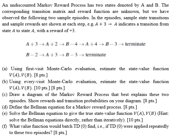 Solved An undiscounted Markov Reward Process has two states | Chegg.com