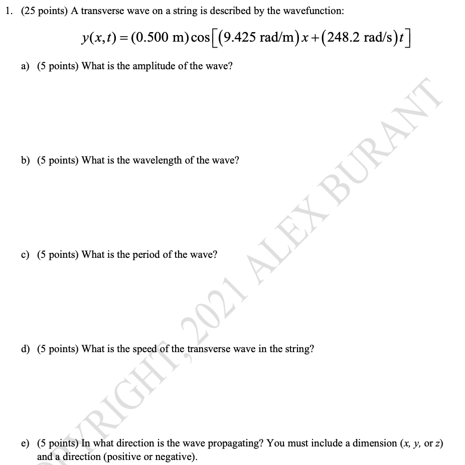 Solved 1. (25 points) A transverse wave on a string is | Chegg.com