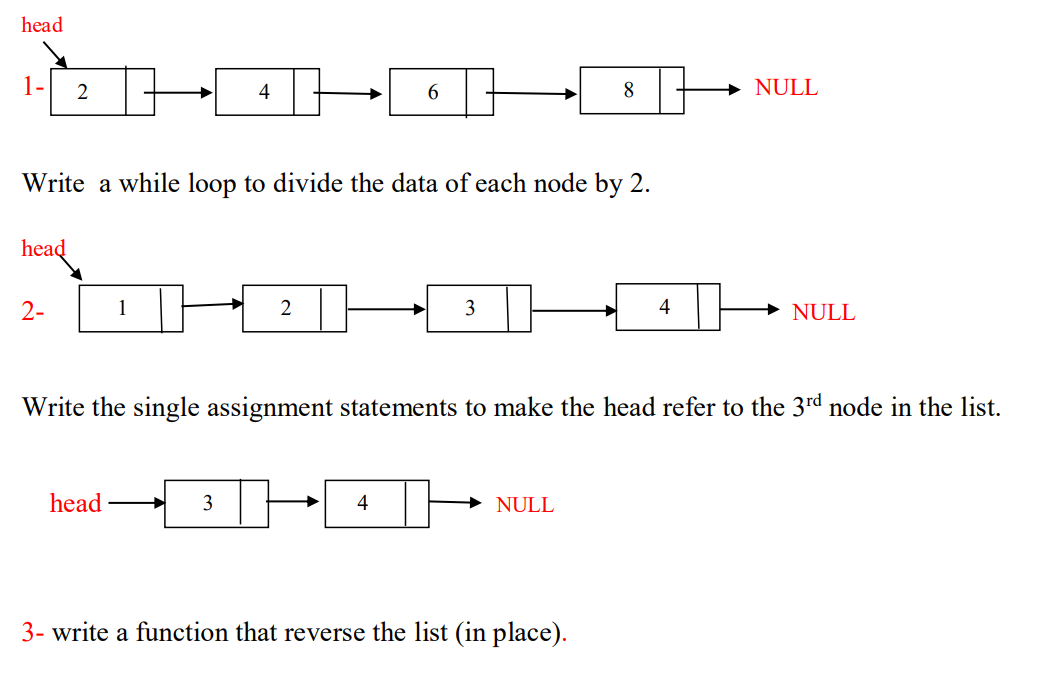 Solved head 1- 2 4 6 NULL Write a while loop to divide the | Chegg.com