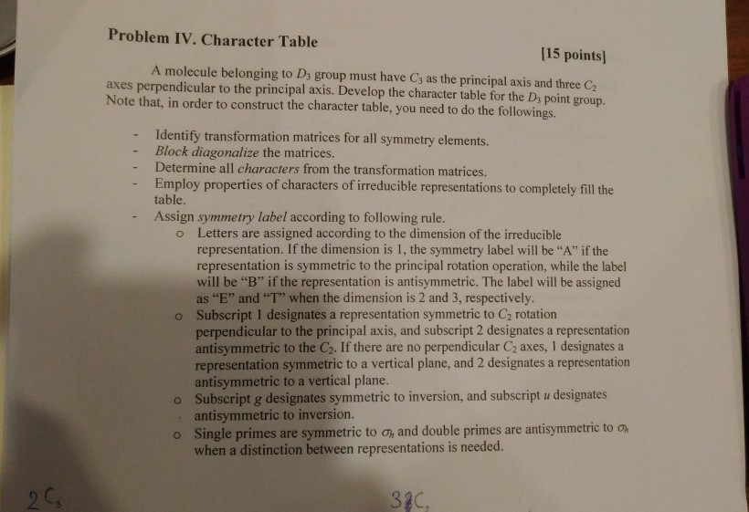 Solved Problem IV. Character Table [15 points) A molecule | Chegg.com