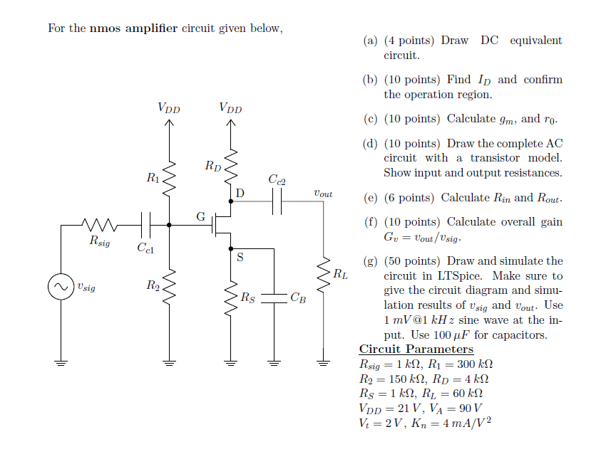 Solved For the nmos amplifier circuit given below,(a) (4 | Chegg.com