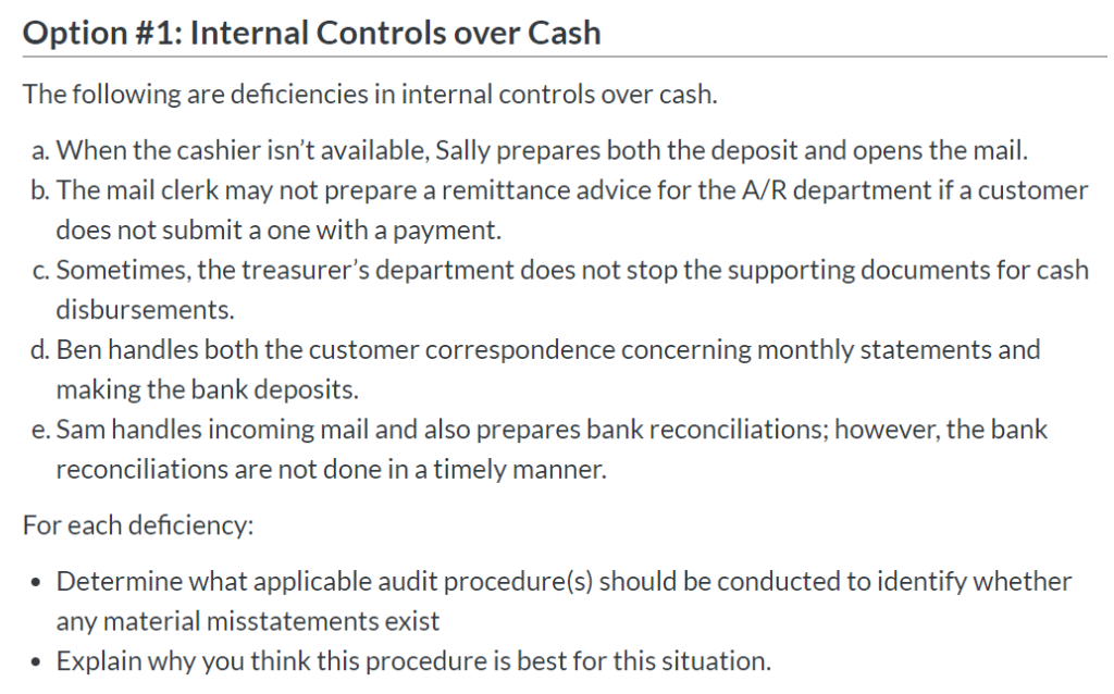 Option #1: Internal Controls over Cash The following | Chegg.com