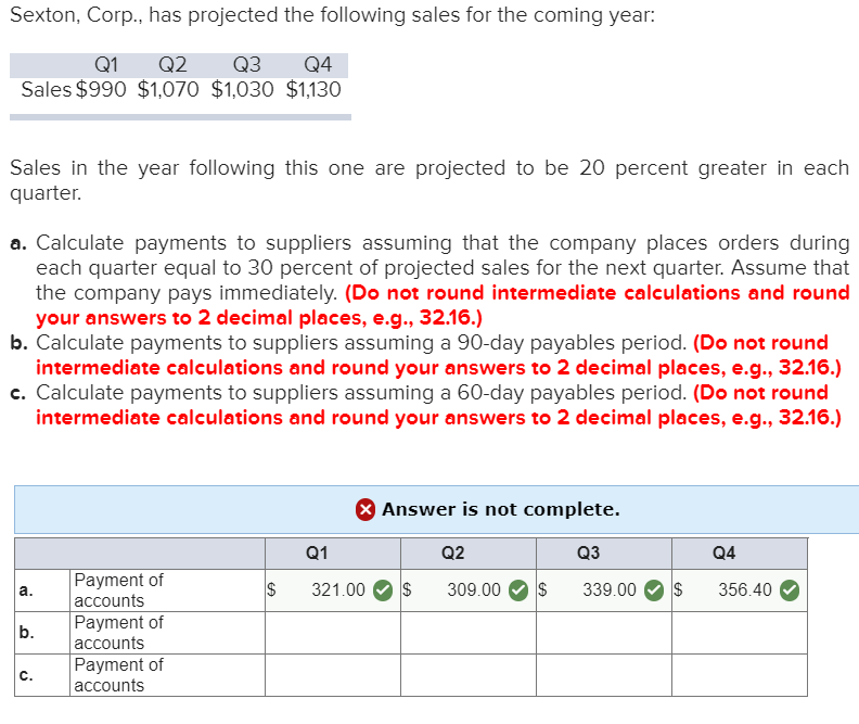 Solved Sexton, Corp., Has Projected The Following Sales For | Chegg.com