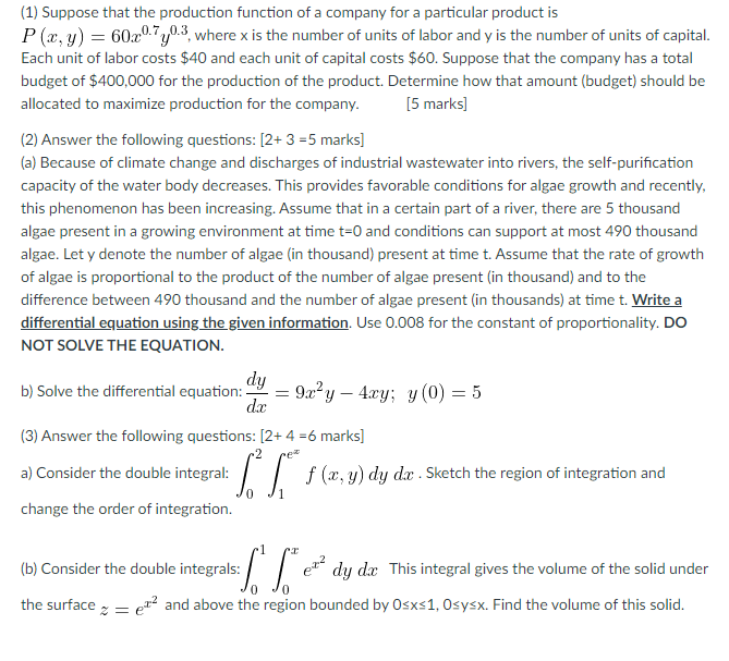 Solved (1) Suppose that the production function of a company | Chegg.com