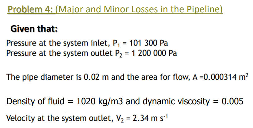 Solved Problem 4; (Major and Minor Losses in the Pipeline) | Chegg.com