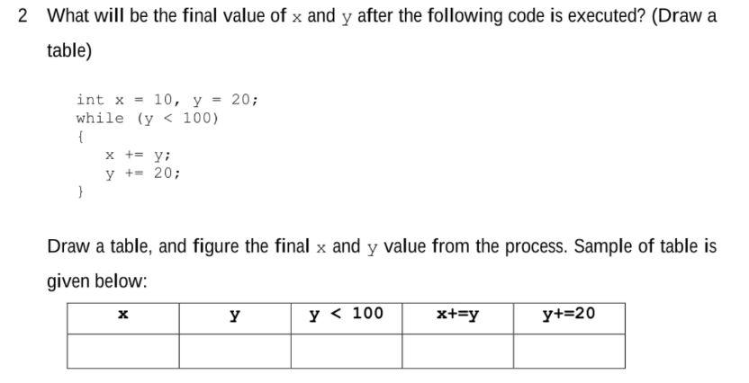 What will be the final value of \( x \) and \( y \) after the following code is executed? (Draw a table)
int \( x=10, y=20 \)
