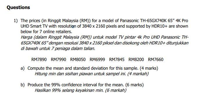 Solved Questions 1) The prices (in Ringgit Malaysia (RM))  Chegg.com