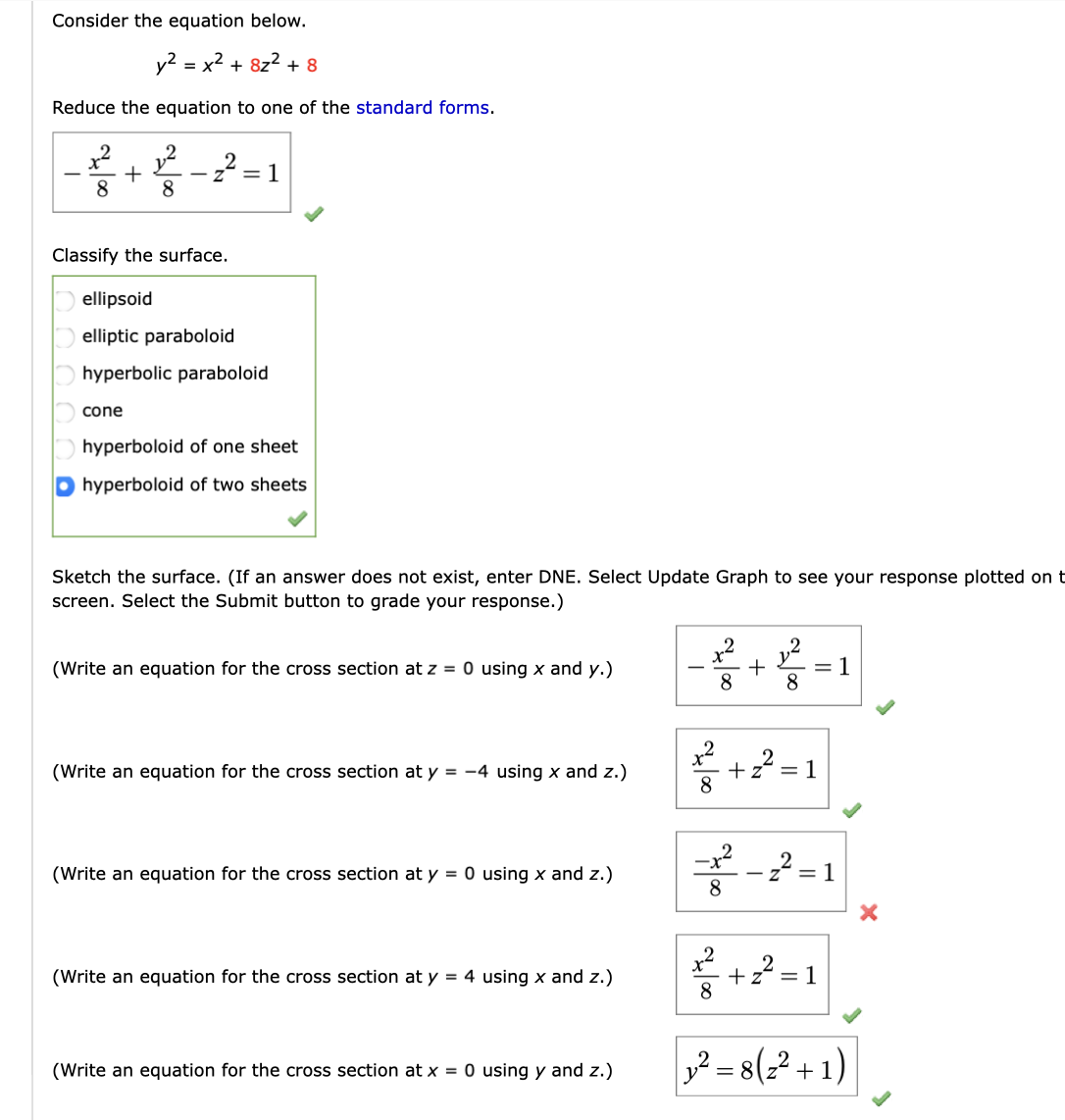 Solved Consider the equation below.y2=x2+8z2+8Reduce the