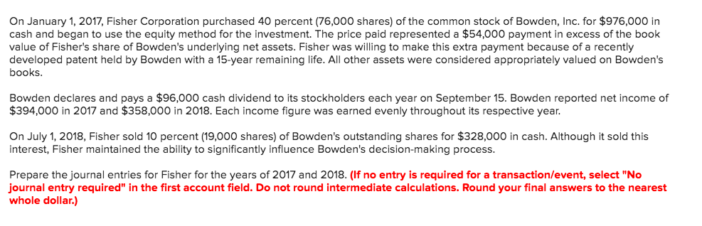 Solved On January 1, 2017, Fisher Corporation purchased 40 | Chegg.com