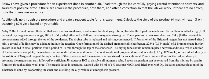 Solved Below I have given a procedure for an experiment done | Chegg.com