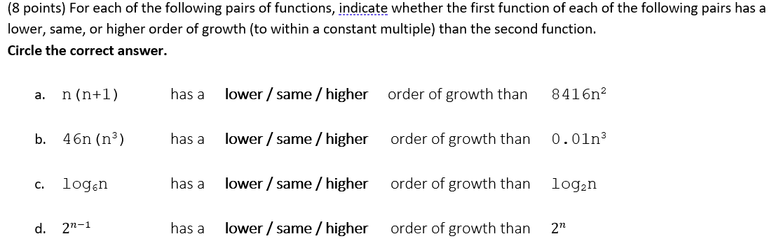 Solved (8 points) For each of the following pairs of | Chegg.com