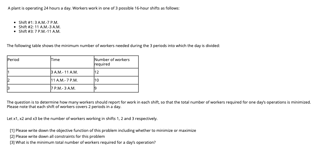 Solved A Plant Is Operating 24 Hours A Day Workers Work In Chegg Com