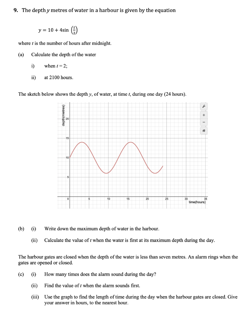 Solved 9. The depth y metres of water in a harbour is given | Chegg.com