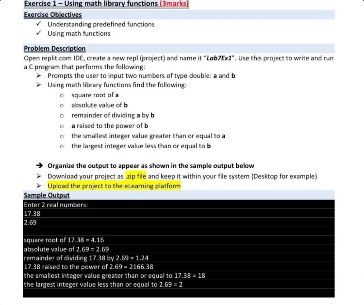 Solved Exercise 1 - Using math library functions (3marks) | Chegg.com