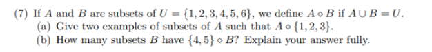 Solved (7) If A And B Are Subsets Of U={1,2,3,4,5,6}, We | Chegg.com