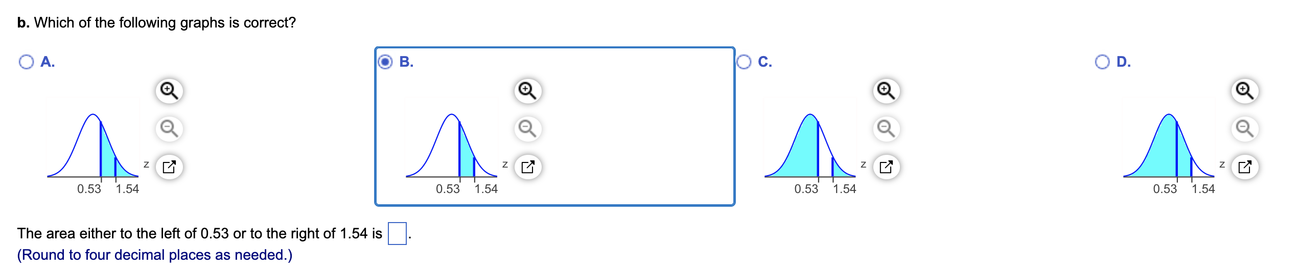 b. Which of the following graphs is correct?
O A.
s
0.53 1.54
Z
The area either to the left of 0.53 or to the right of 1.54 i