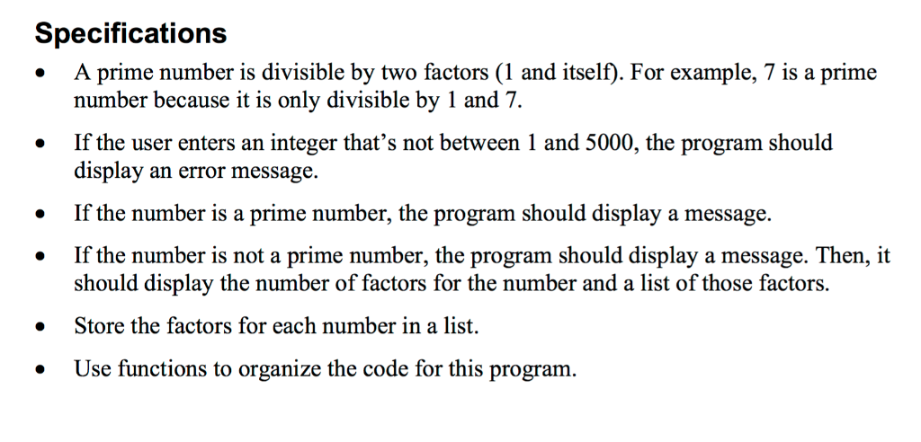 Solved Project 6-1: Prime Number Checker Create a program | Chegg.com